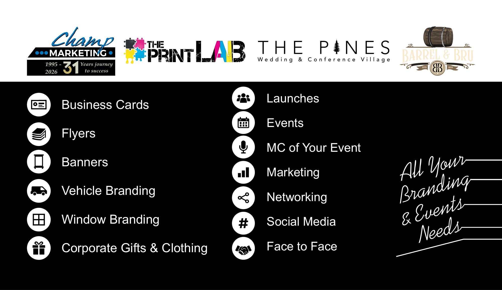Back of the business card: Champ Marketing, The Print Lab, The Pines and Barrel & Bru, with the services they offer