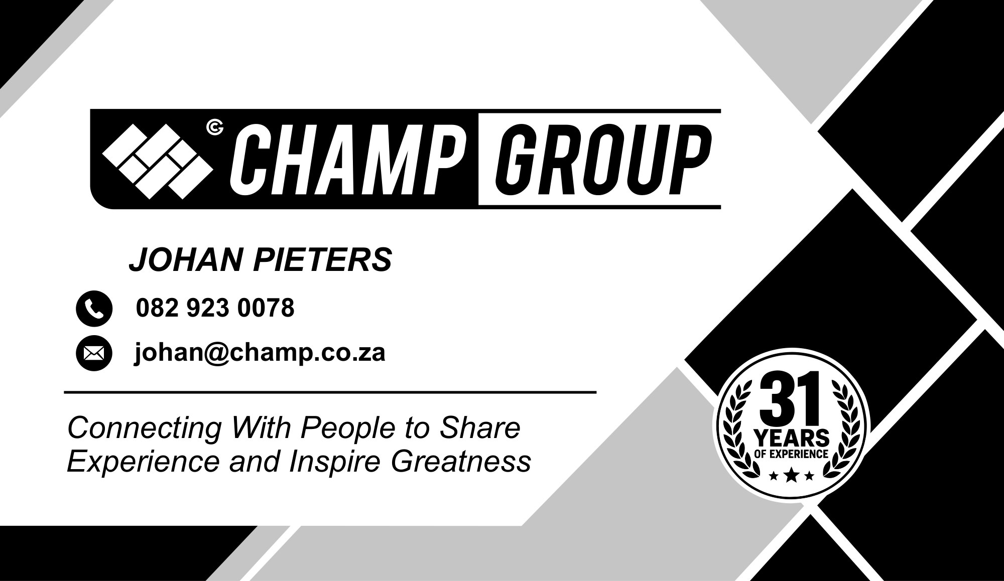 Champ Group business card: Johan Pieters, 082 923 0078, johan@champ.co.za