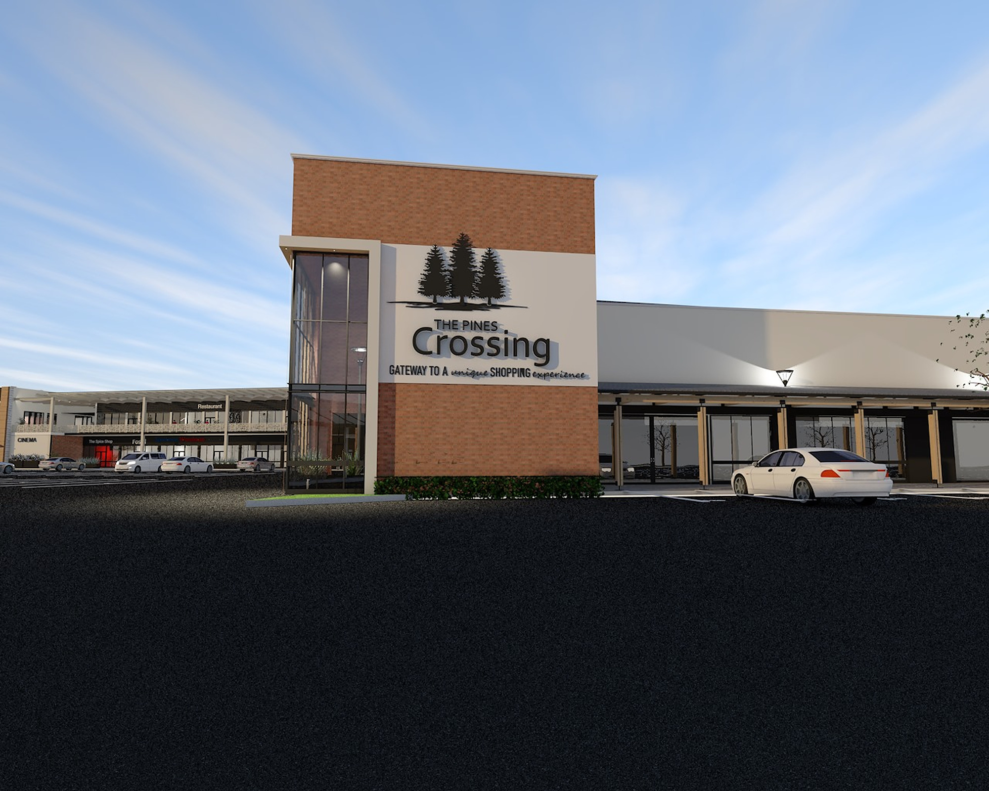 Artist's impression of The Pines Crossing: a brick entrance tower with the centre's pine-tree sign, and shops on either side