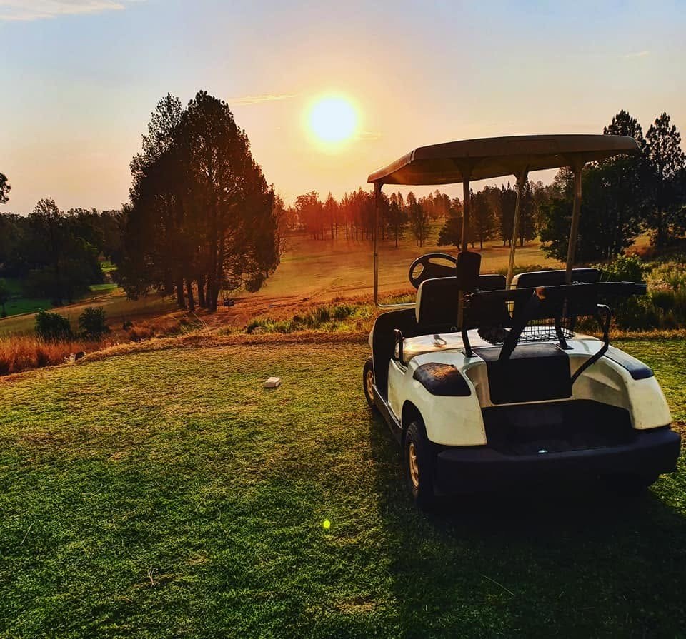A golf cart on a tee at sunset, pine trees along the fairway behind